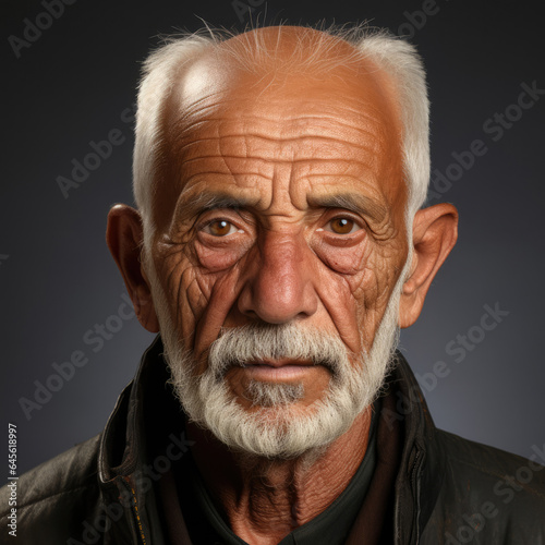 Reserved 76-year-old South Asian man captured in a spotlight studio head shot.