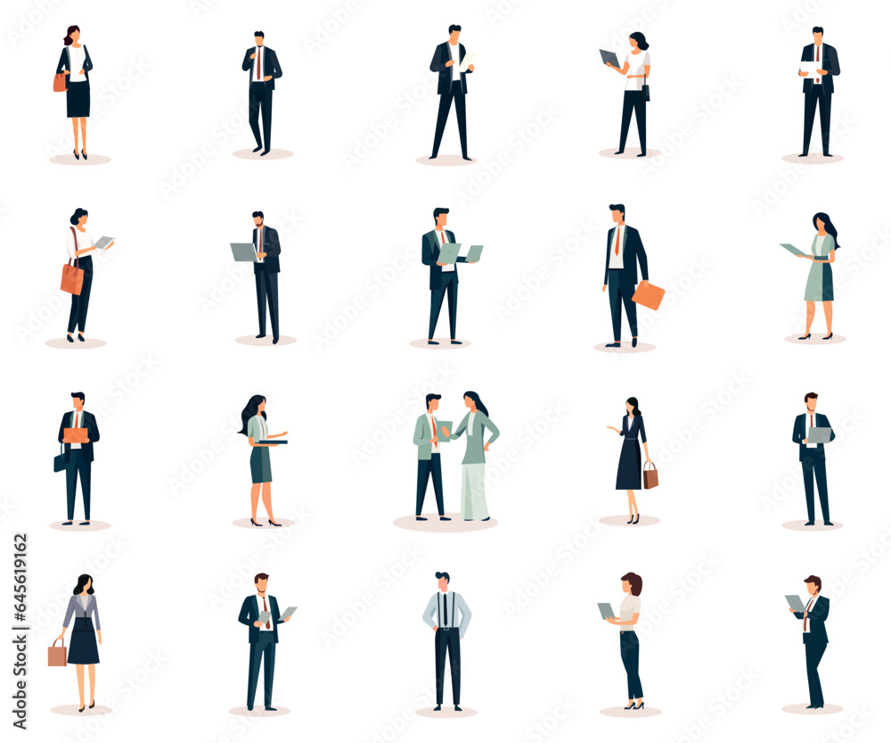 Set of scenes with men and women taking part in business activities. Business character concept vector illustration. Business people in a flat style.