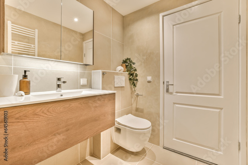 a modern bathroom with white fixtures and light wood cabinetd vanity, toilet and sink in the room is very clean © Casa imágenes