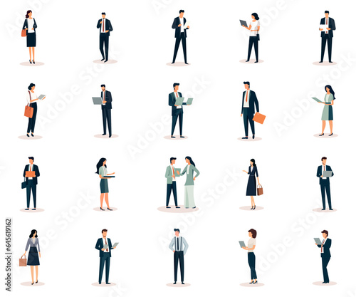 Set of scenes with men and women taking part in business activities. Business character concept vector illustration. Business people in a flat style.