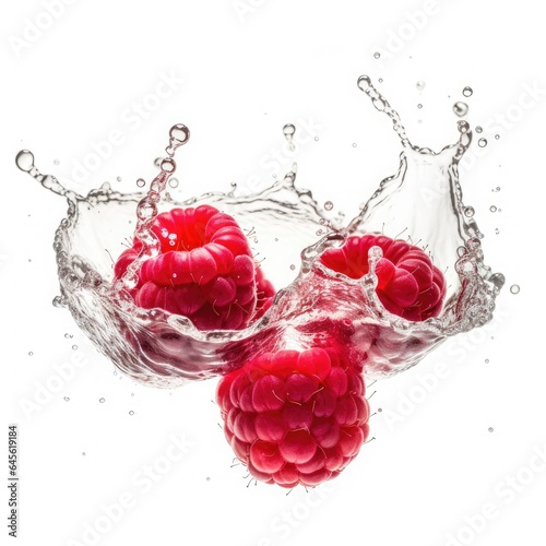 Raspberry in water splash on white background
