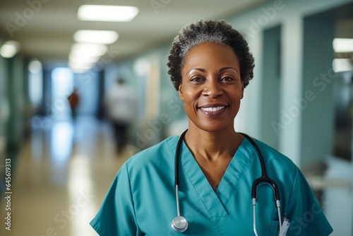 Realistic portrait of middle aged female African American doctor or nurse in the hospital smiling