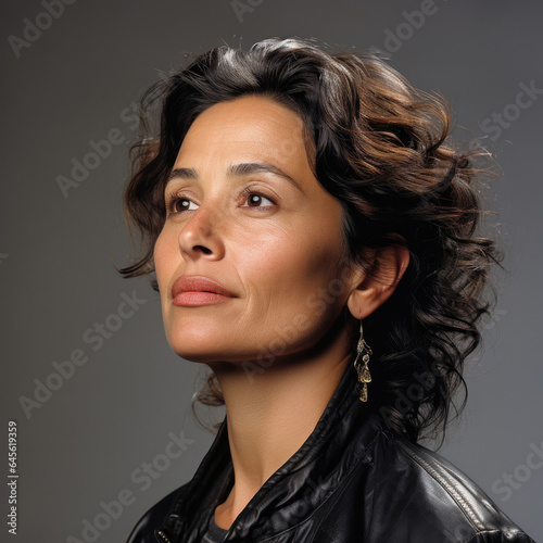 Professional head shot of a 50-year-old Latina woman with eyes looking down left.