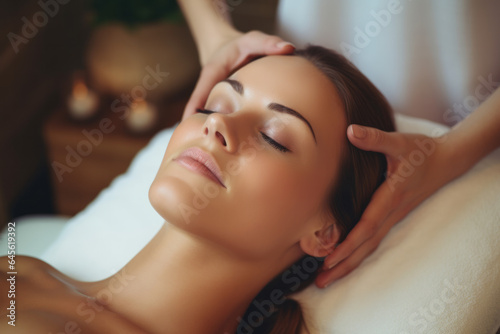 Beautiful young woman receiving facial massage. Top view
