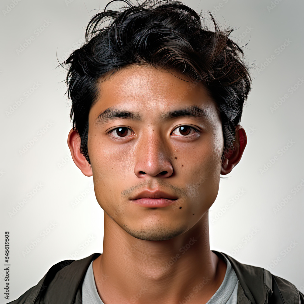 Professional studio head shot of a 30-year-old Southeast Asian boy looking up right with a cautious expression.