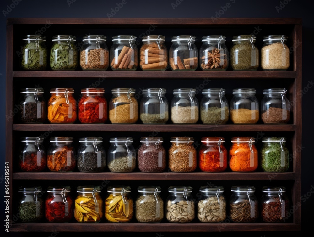 A shelf filled with lots of different types of spices in jars. Generative AI.