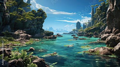 Hyper-realistic fantasy archipelago with unique flora and rocky beaches.