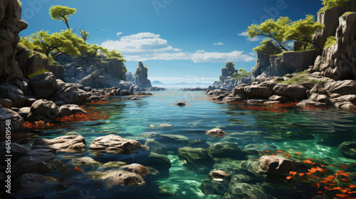 Hyper-realistic fantasy archipelago with unique flora and rocky beaches.