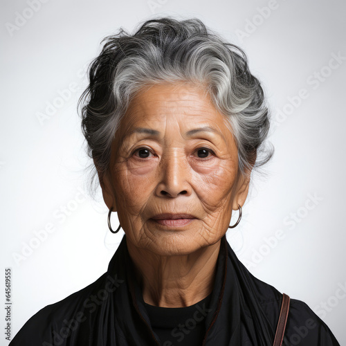 High-definition studio head shot of a thoughtful 73-year-old Southeast Asian woman.