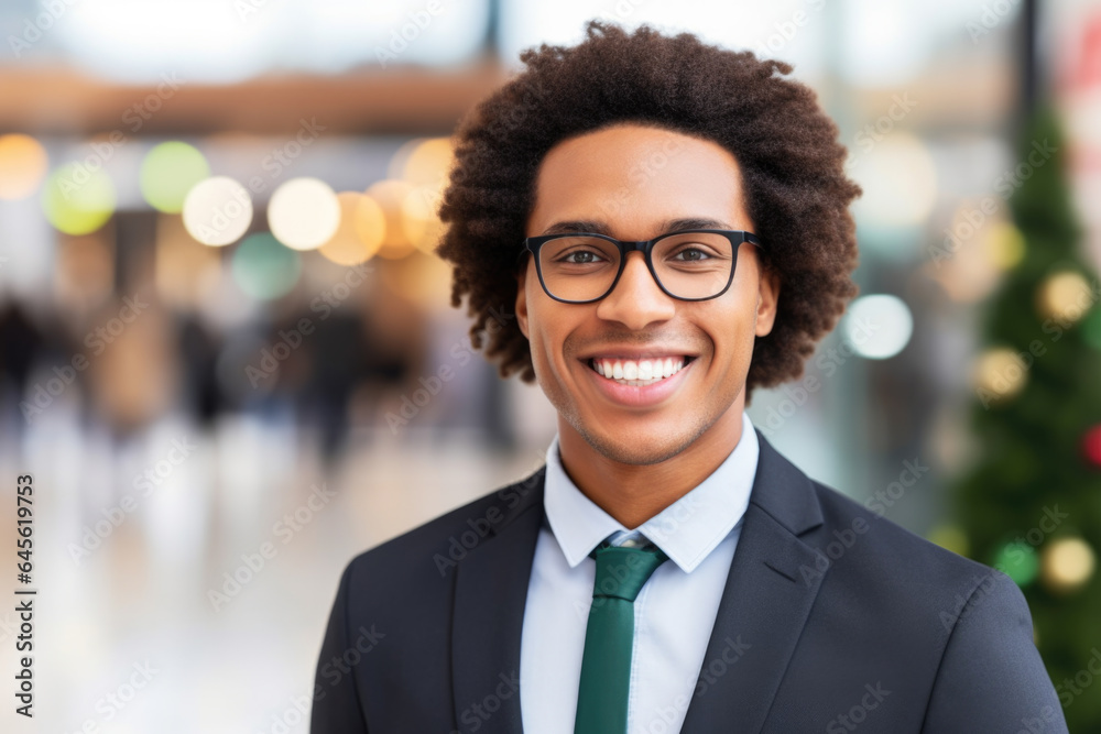 A smiling young black man wearing glasses, black suit, green tie, businessman