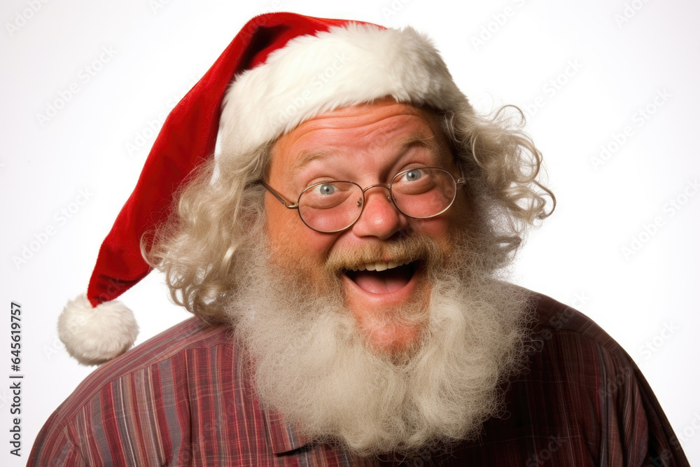 Old man wearing a Santa Claus hat and a white beard. The hat is red with a white fur trim and a white pompom, isolated on white background Old man wearing a Santa Claus hat and a white beard. The hat is red with a white fur trim and a white pompom, isolated on white background
