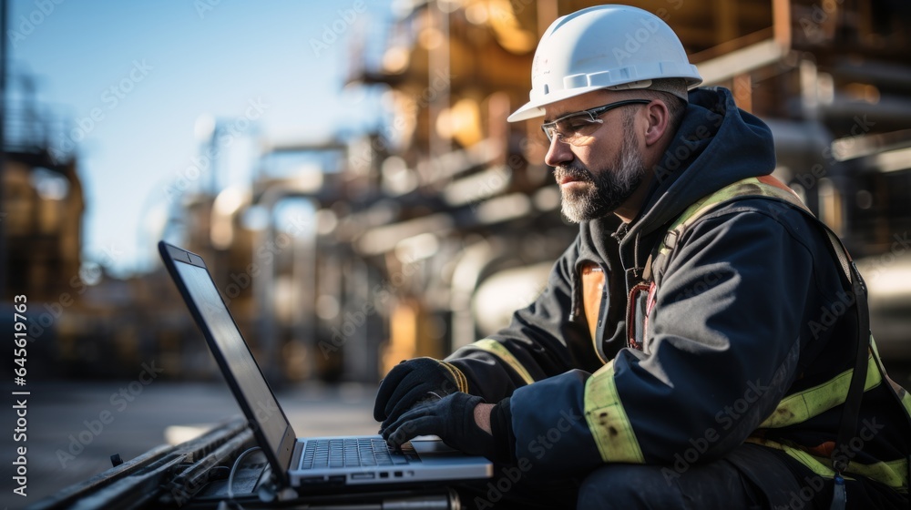Factory worker in oil refinery using laptop computer for maintenance work