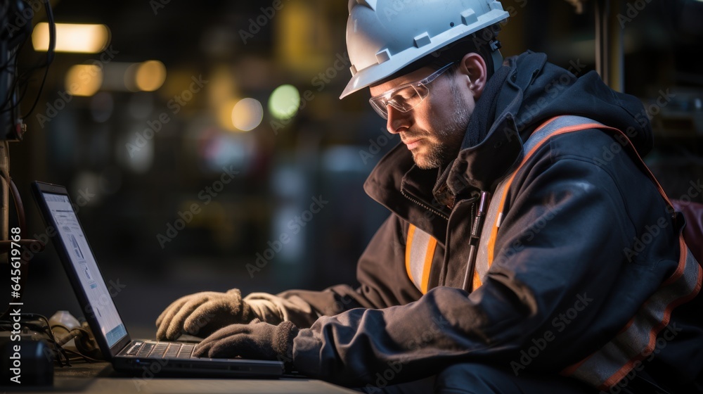 Factory worker in oil refinery using laptop computer for maintenance work Factory worker in oil refinery using laptop computer for maintenance work
