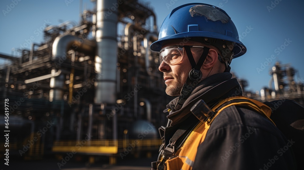 Fototapeta premium Factory worker in oil refinery using laptop computer for maintenance work