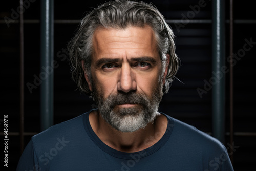 Portrait of a bearded man wearing a blue shirt, long hair, mature