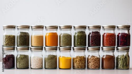 A group of jars filled with different types of spices. Generative AI.