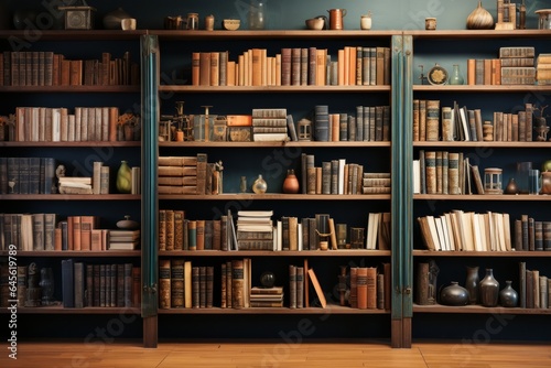 Bookshelves with books and decorations in a library. 3d rendering