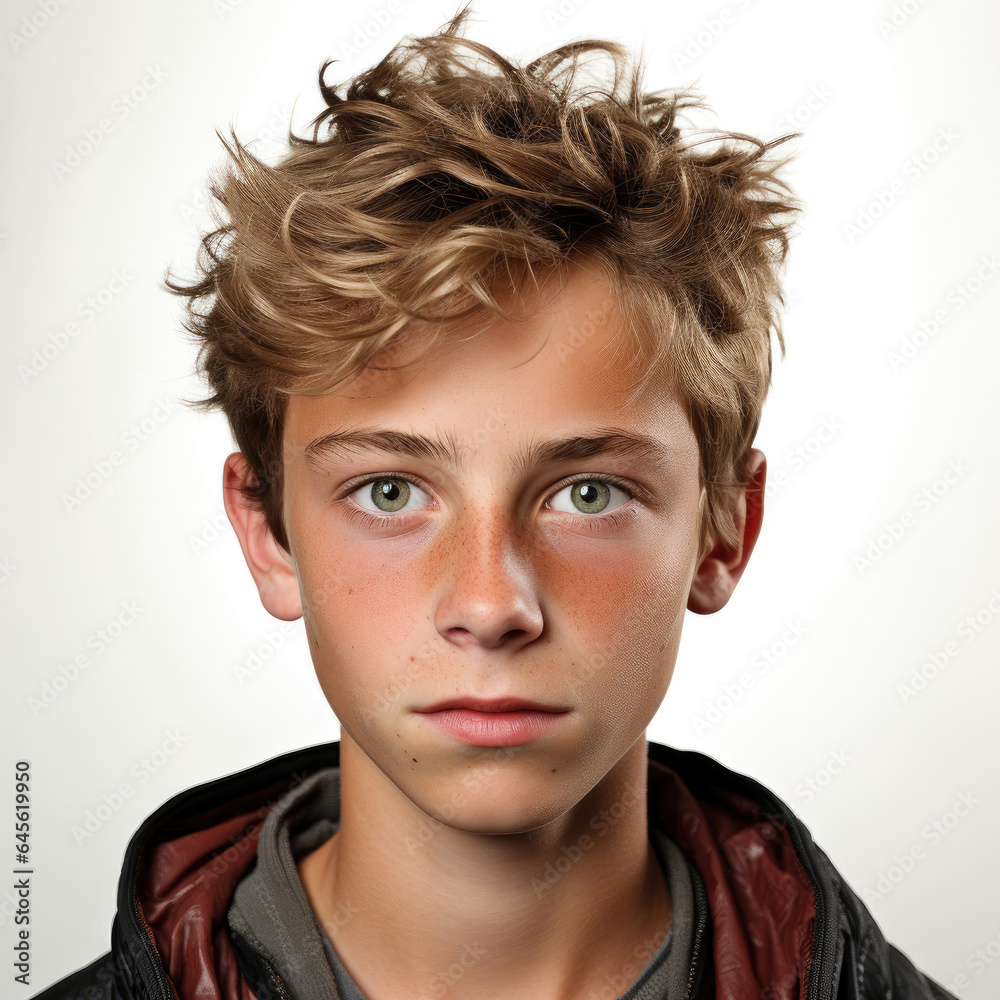 Professional studio head shot of a skeptical 15-year-old Caucasian boy, eyes looking down right. Professional studio head shot of a skeptical 15-year-old Caucasian boy, eyes looking down right.