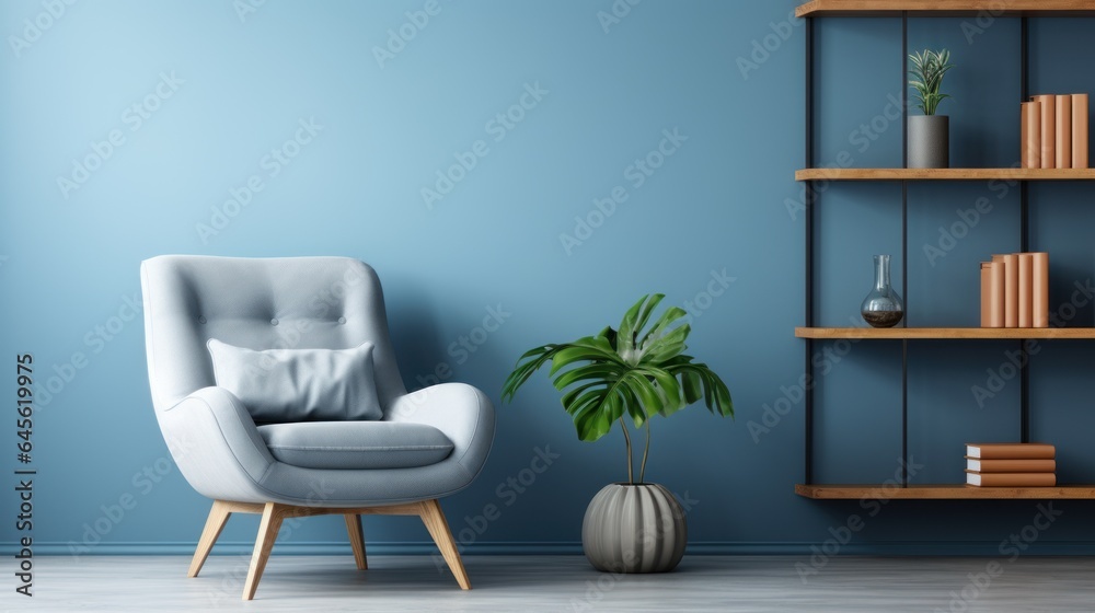 Cozy armchair, shelves and houseplants near a blue wall Cozy armchair, shelves and houseplants near a blue wall