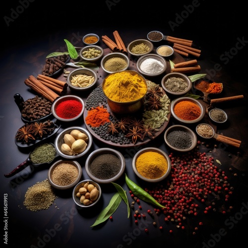 A table topped with bowls filled with different types of spices. Generative AI.