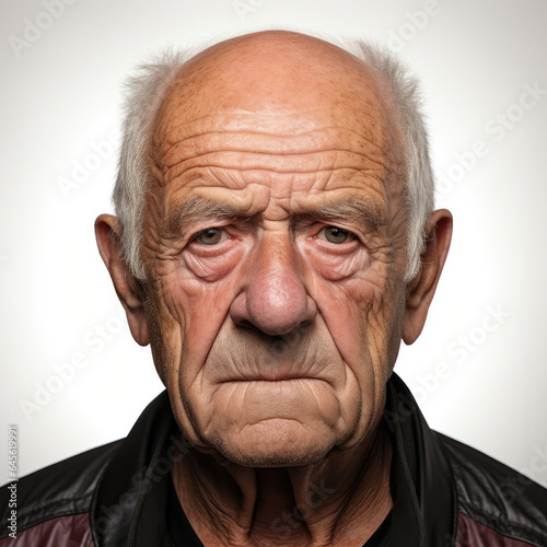 Professional studio head shot of a sulking 86-year-old Caucasian man, eyes looking left.