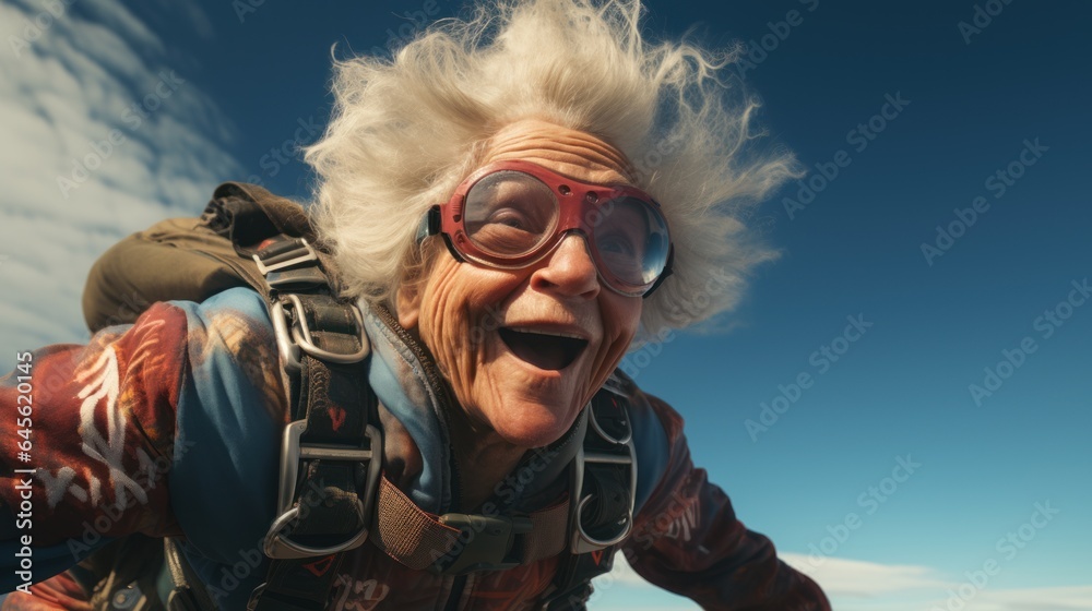 Crazy old woman practicing sky diving