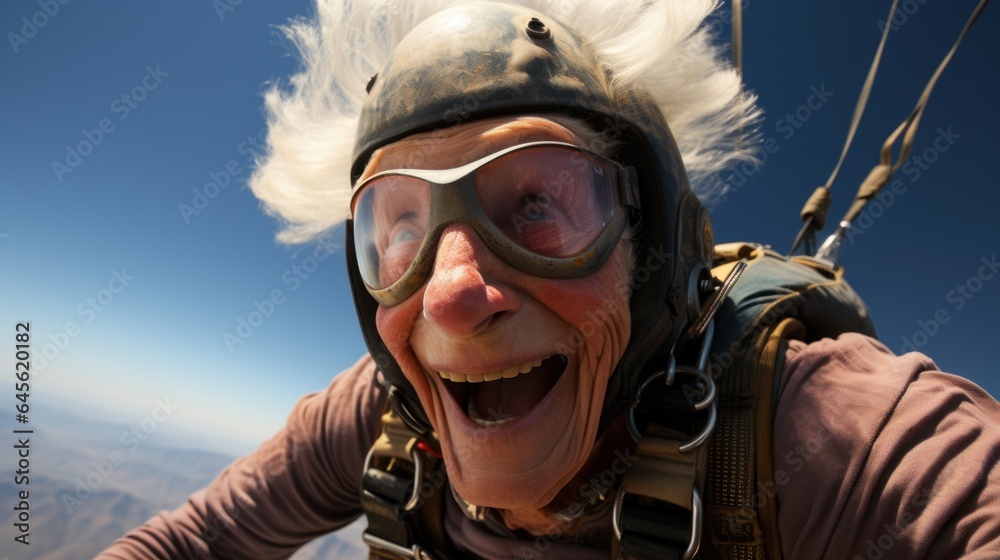 Crazy old woman practicing sky diving Crazy old woman practicing sky diving