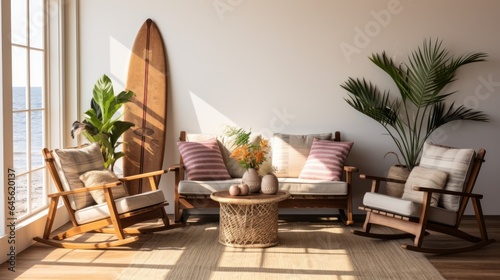 Comfortable wooden chairs with cushions and a fruit basket on a surfboard in the living room.