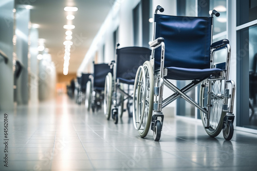 Wheel chairs parked in a hospital corridor