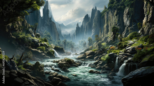 Hyper-realistic fantasy waterfall cascading into a misty forest.