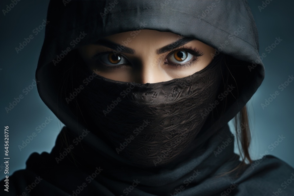 Naklejka premium Female ninja with sword on grey background