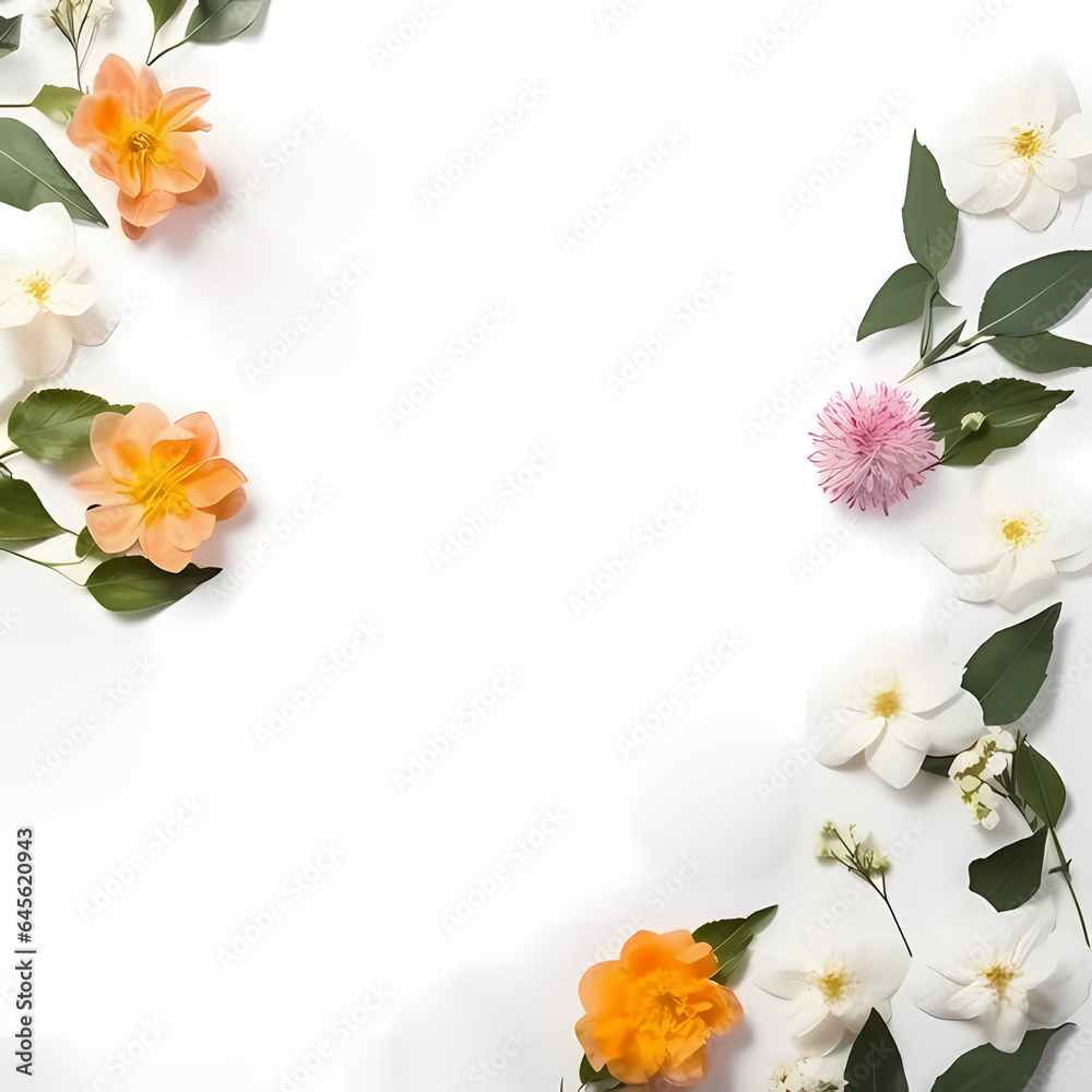 White background with spring flowers. Top view, copy space