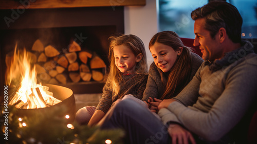 Christmas Comfort: Family Gathering by Fireplace with Tea