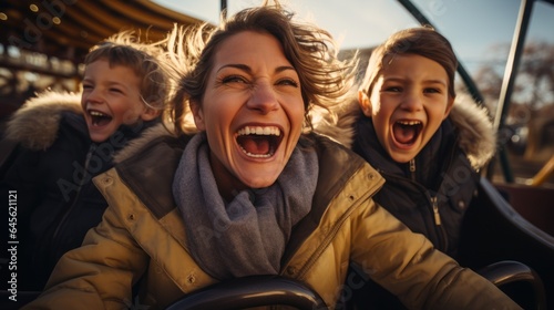 Mother and two children ride a roller coaster in an amusement park or state fair. Experience excitement, happiness, laughter. © sirisakboakaew