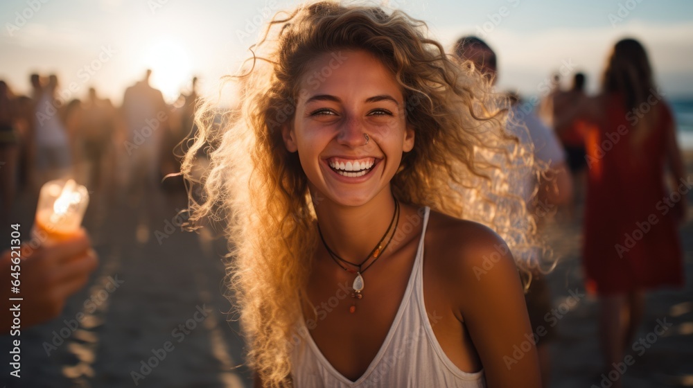 Summer beach portrait of excited blonde woman smiling broadly,
