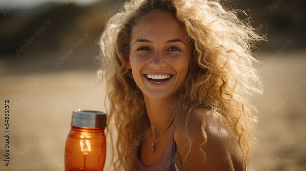 Summer beach portrait of excited blonde woman smiling broadly, Summer beach portrait of excited blonde woman smiling broadly,