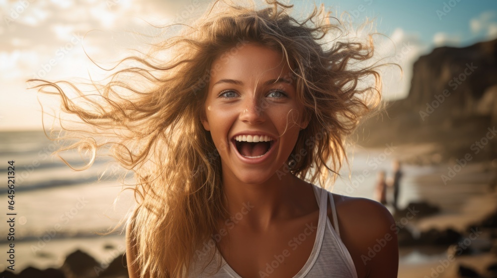 Summer beach portrait of excited blonde woman smiling broadly, Summer beach portrait of excited blonde woman smiling broadly,