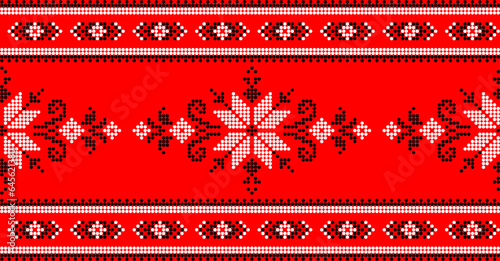 Vector illustration of Ukrainian ornament in ethnic style, identity, vyshyvanka, embroidery for print clothes, websites, banners. Background. Geometric design, border, copy space, frame