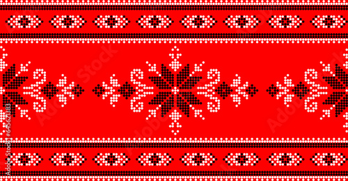 Vector illustration of Ukrainian ornament in ethnic style, identity, vyshyvanka, embroidery for print clothes, websites, banners. Background. Geometric design, border, copy space, frame