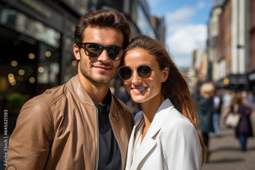 Young married couple having a photoshoot in the city