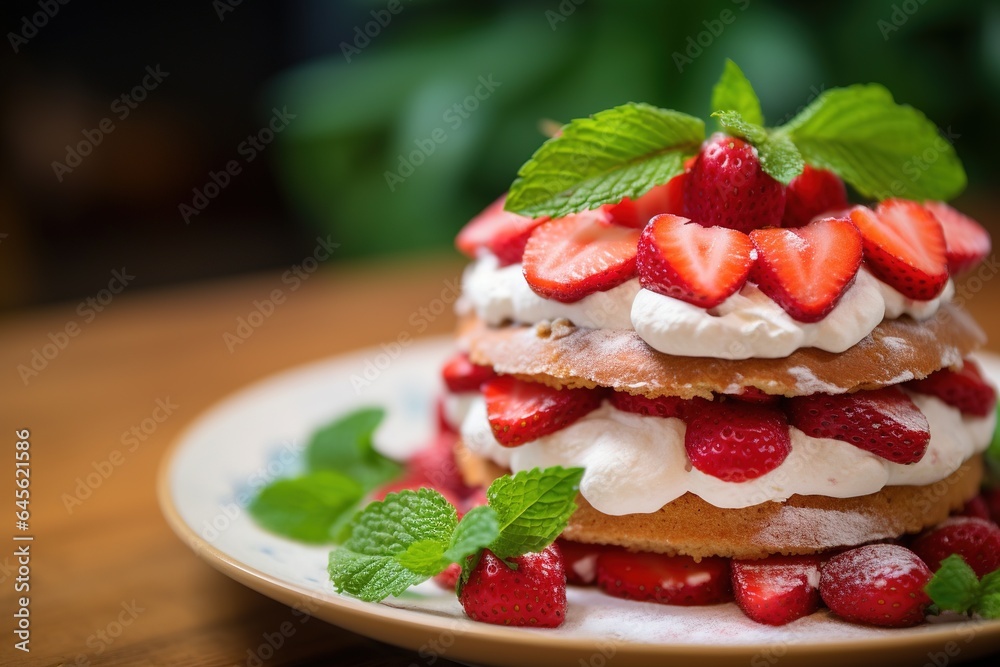 Strawberry cake with whipped cream and fresh strawberries, selective focus.Generative Ai