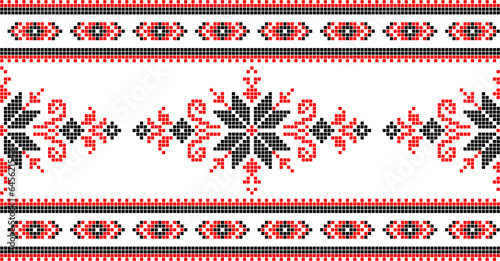 Vector illustration of Ukrainian ornament in ethnic style, identity, vyshyvanka, embroidery for print clothes, websites, banners. Background. Geometric design, border, copy space, frame