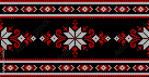 Vector illustration of Ukrainian ornament in ethnic style, identity, vyshyvanka, embroidery for print clothes, websites, banners. Background. Geometric design, border, copy space, frame