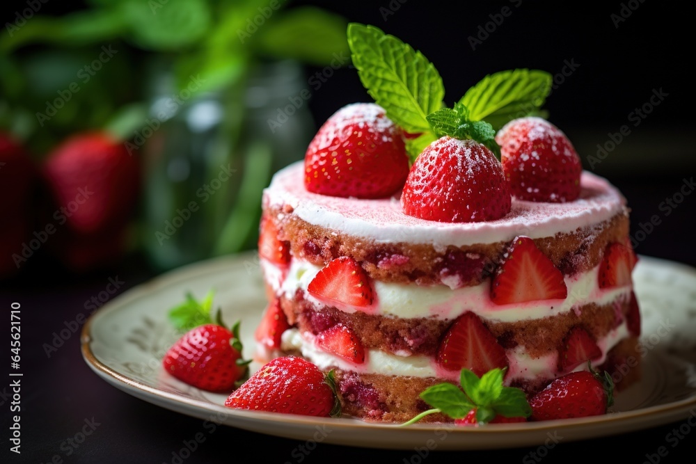 Strawberry cake with whipped cream and fresh strawberries, selective focus.Generative Ai Strawberry cake with whipped cream and fresh strawberries, selective focus.Generative Ai