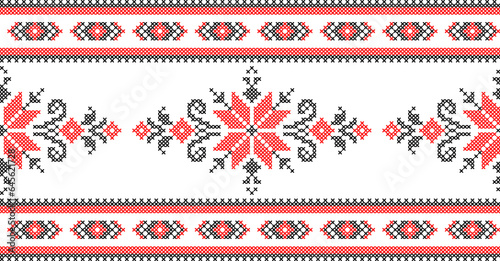 Vector illustration of Ukrainian ornament in ethnic style, identity, vyshyvanka, embroidery for print clothes, websites, banners. Background. Geometric design, border, copy space, frame