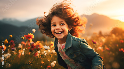 Ein Kind läuft im Blumenfeld KI