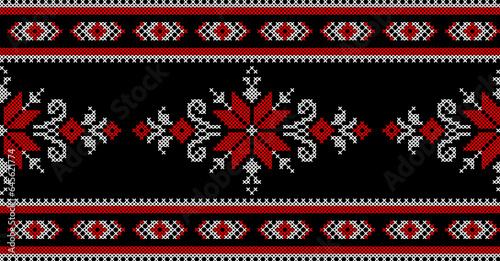 Vector illustration of Ukrainian ornament in ethnic style, identity, vyshyvanka, embroidery for print clothes, websites, banners. Background. Geometric design, border, copy space, frame