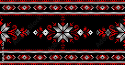 Vector illustration of Ukrainian ornament in ethnic style, identity, vyshyvanka, embroidery for print clothes, websites, banners. Background. Geometric design, border, copy space, frame