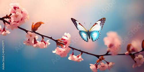 Beautiful blue butterfly in flight over branch of flowering apricot tree in spring at Sunrise on light blue and violet background