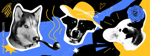 Collage design elements in trendy dotted pop art style. Retro halftone effect. Portraits of dogs with fashionable accessories.Vector isolated elements. Print design, t-shirt print.